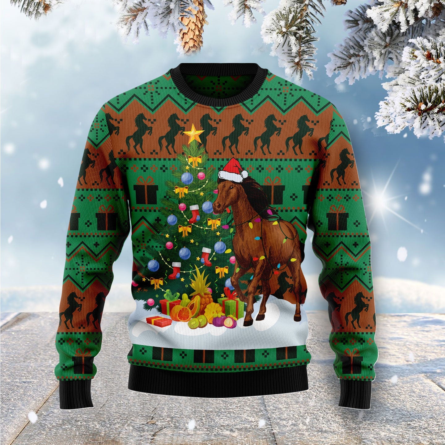 Christmas Tree With Horse Ugly Christmas Sweater, Christmas Horse Pattern All-over Printed Ugly Sweater, Horse Xmas Crewneck Knitted Ugly Sweater