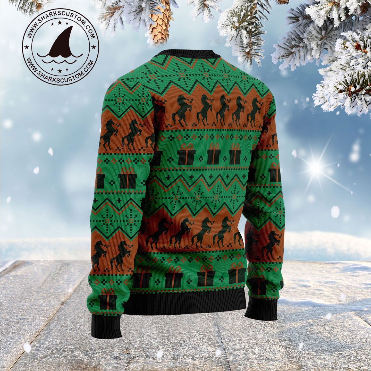Christmas Tree With Horse Ugly Christmas Sweater, Christmas Horse Pattern All-over Printed Ugly Sweater, Horse Xmas Crewneck Knitted Ugly Sweater