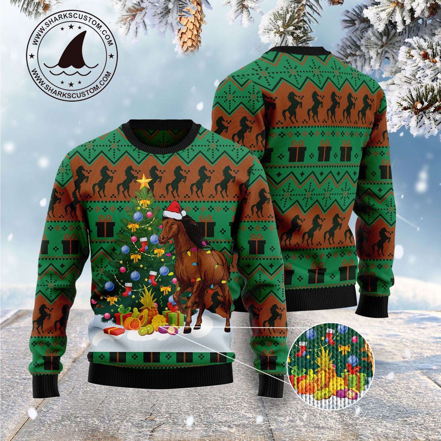 Christmas Tree With Horse Ugly Christmas Sweater, Christmas Horse Pattern All-over Printed Ugly Sweater, Horse Xmas Crewneck Knitted Ugly Sweater