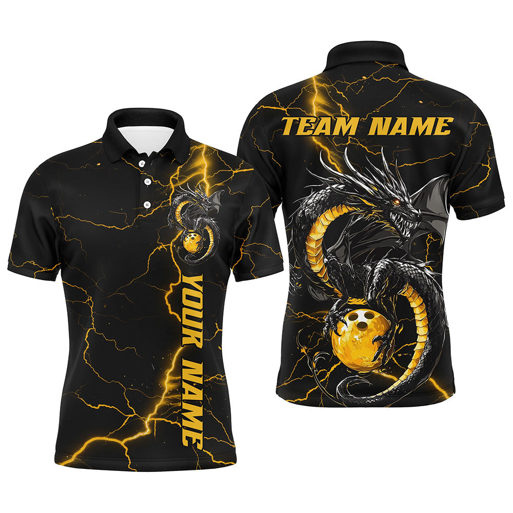 Black And Gold Custom Dragon Bowling Shirts For Men, Dragon Bowling League Shirts Outfits