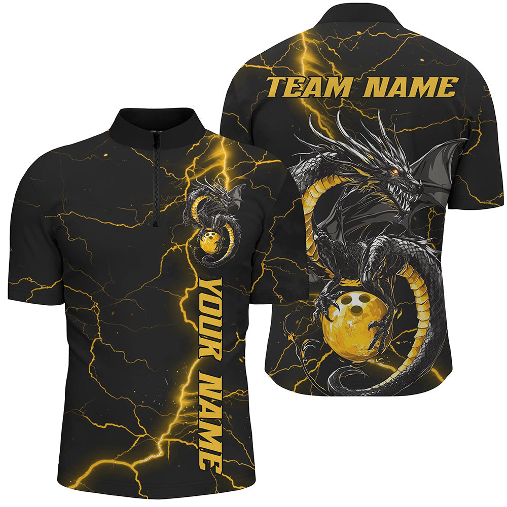 Black And Gold Custom Dragon Bowling Shirts For Men, Dragon Bowling League Shirts Outfits