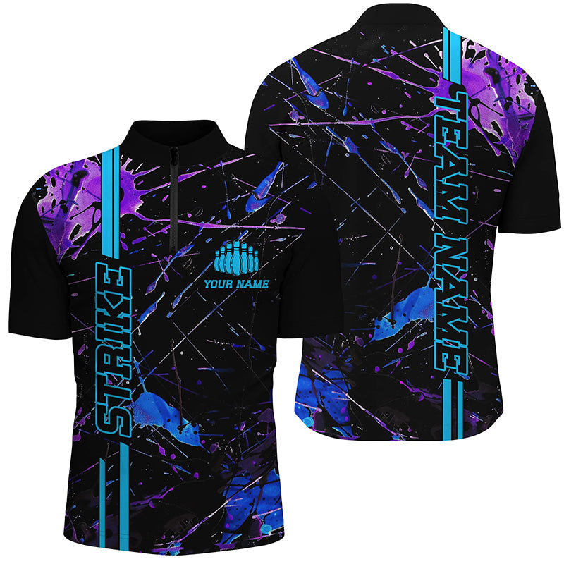 Custom Blue And Purple Strike Bowling Shirts For Men And Women, Camo Bowling Team Jerseys