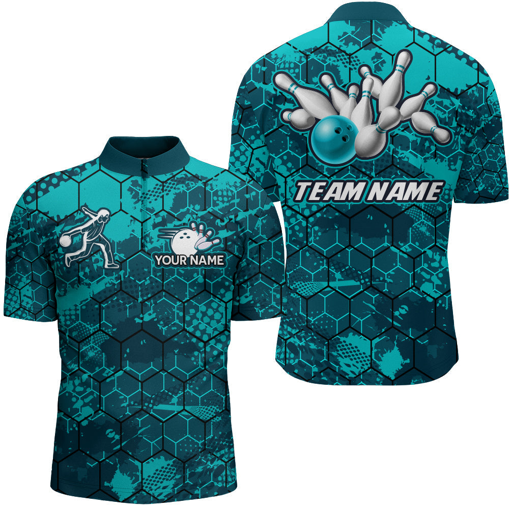Turquoise Bowling Quarter-zip Shirt Custom Bowling Jersey For Men Bowling Shirts For Team