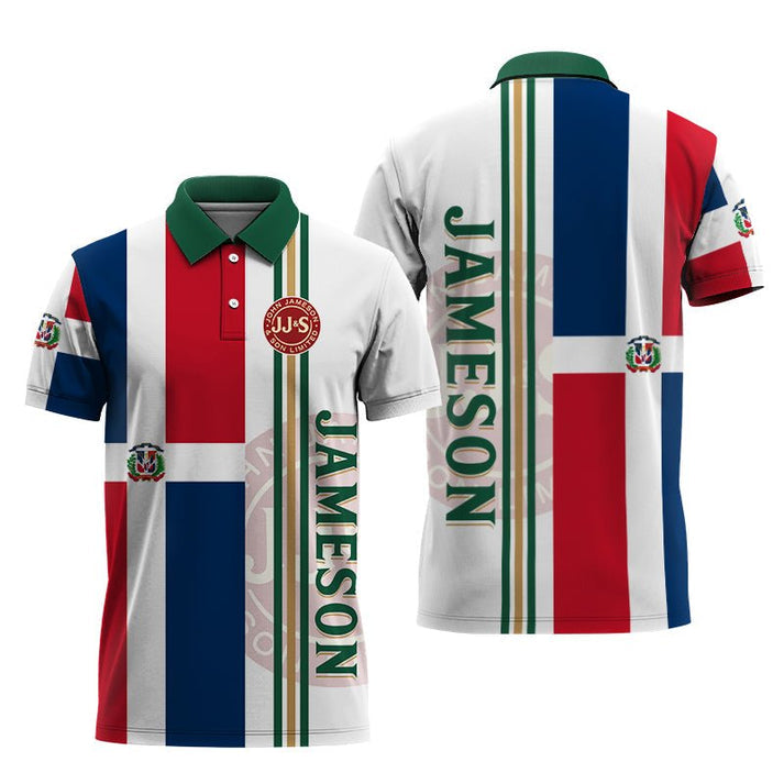 Jameson Irish Whiskey Dominican Republic Flag Polo Shirt, Republic Flag Jameson Whiskey Polo Shirt, Jameson Logo Dominican Flag Men's Polo Shirt