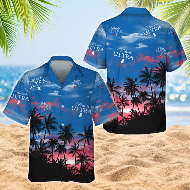 Michelob Blue Tropical Sunset Hawaiian Shirt, Tropical Palm Tree Twilight Sunset Aloha Shirts, Michelob Sunset Tropical Island Hawaiian Shirts