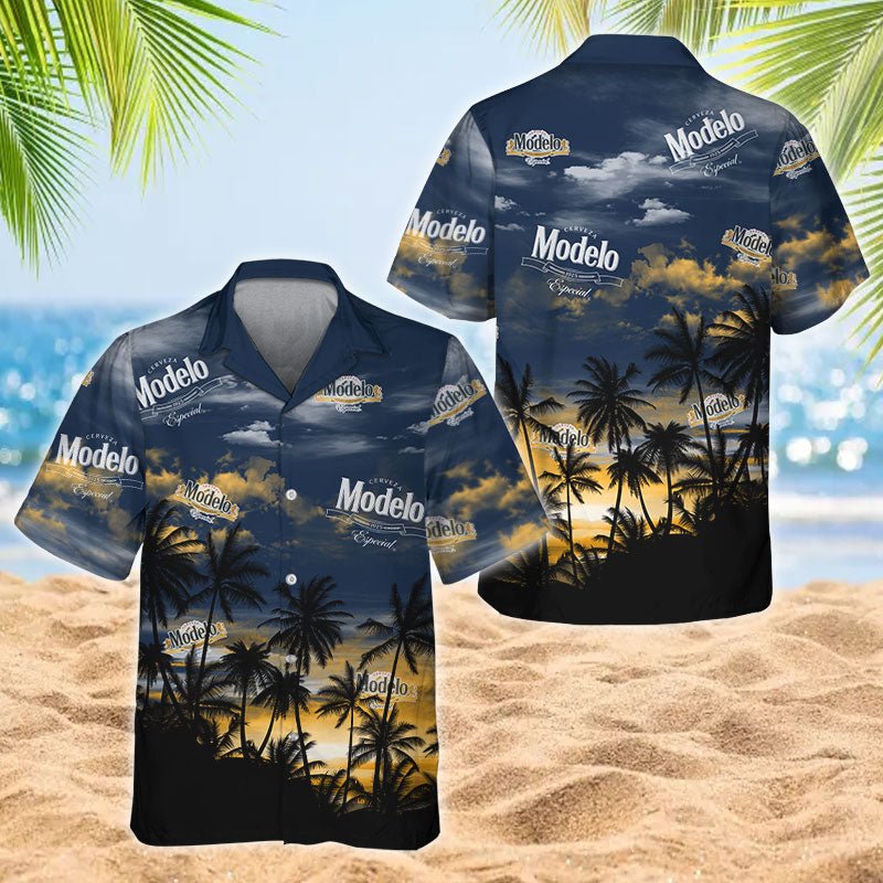 Modelo Logo Tropical Sunset Hawaiian Shirt, Tropical Palm Tree Twilight Sunset Aloha Shirts, Modelo Prints Sunset Tropical Island Hawaiian Shirt