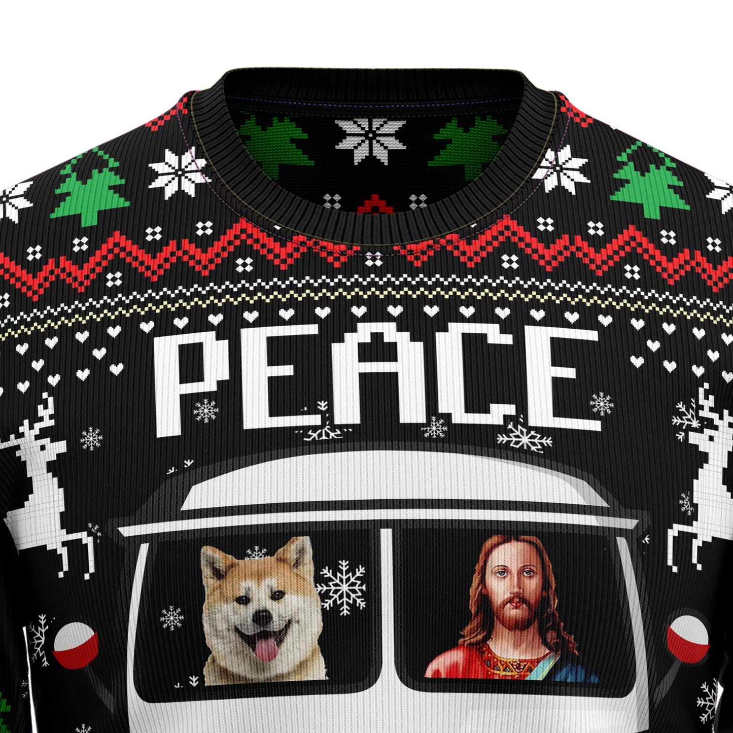 Christ & Shiba Inu Peace On Earth Ugly Christmas Sweater, Funny Jesus & Shiba On Camper Van Ugly Sweater, Christmas Crewneck Knitted Ugly Sweater