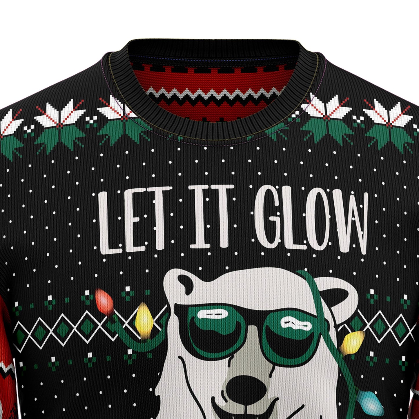 Let It Glow Polar Bear Ugly Christmas Sweater, Xmas Lights Polar Bear All-over Print Ugly Sweater, Polar Bear Xmas Crewneck Knitted Ugly Sweater