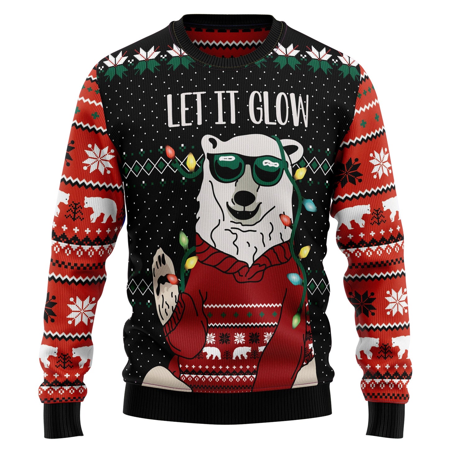 Let It Glow Polar Bear Ugly Christmas Sweater, Xmas Lights Polar Bear All-over Print Ugly Sweater, Polar Bear Xmas Crewneck Knitted Ugly Sweater