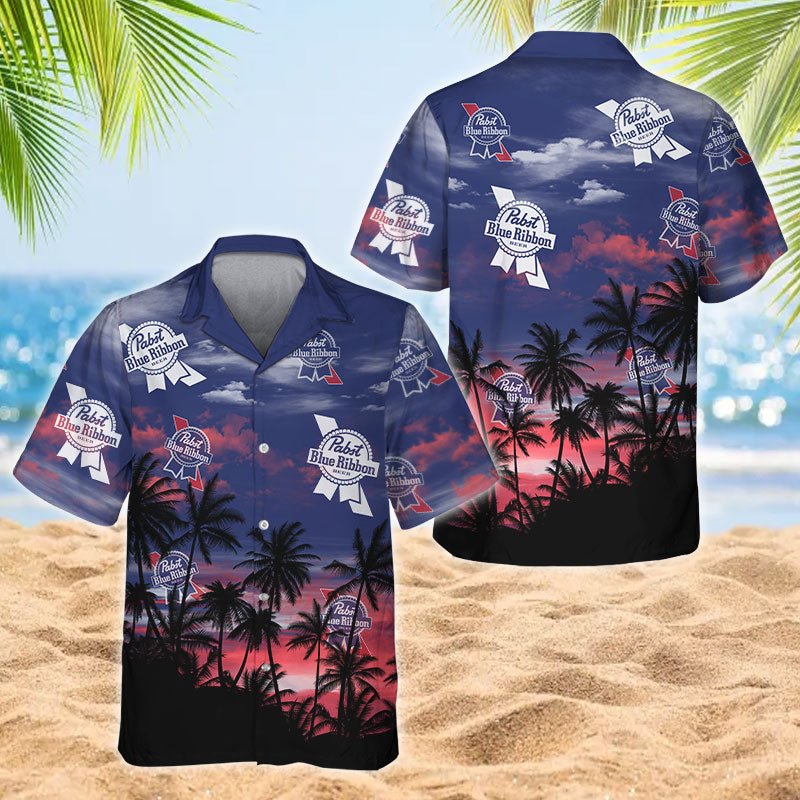 Pabst Blue Ribbon Tropical Sunset Hawaiian Shirt, Palm Tree Twilight Sunset Aloha Shirts, Pabst Blue Ribbon Sunset Tropical Island Hawaiian Shirt