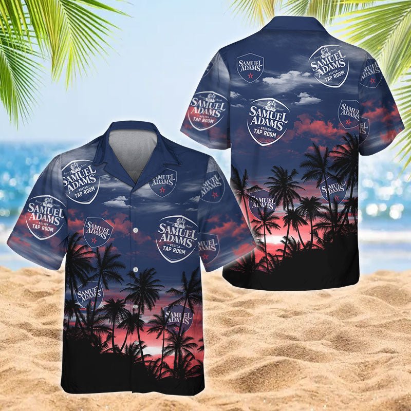 Samuel Adams Tropical Sunset Hawaiian Shirt, Palm Shadow Blue Sunset Button Down Aloha Shirt, Samuel Adams Sunset Tropical Island Hawaiian Shirts