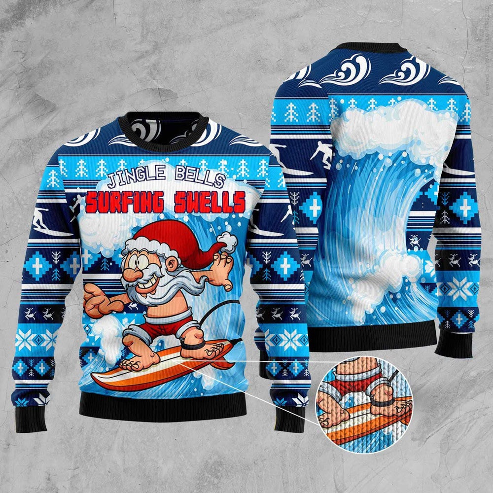 Jingle Bells Surfing Swells Ugly Christmas Sweater, Funny Santa Surfing All-over Print Ugly Sweater, Waves Surfing Pattern Knitted Ugly Sweater