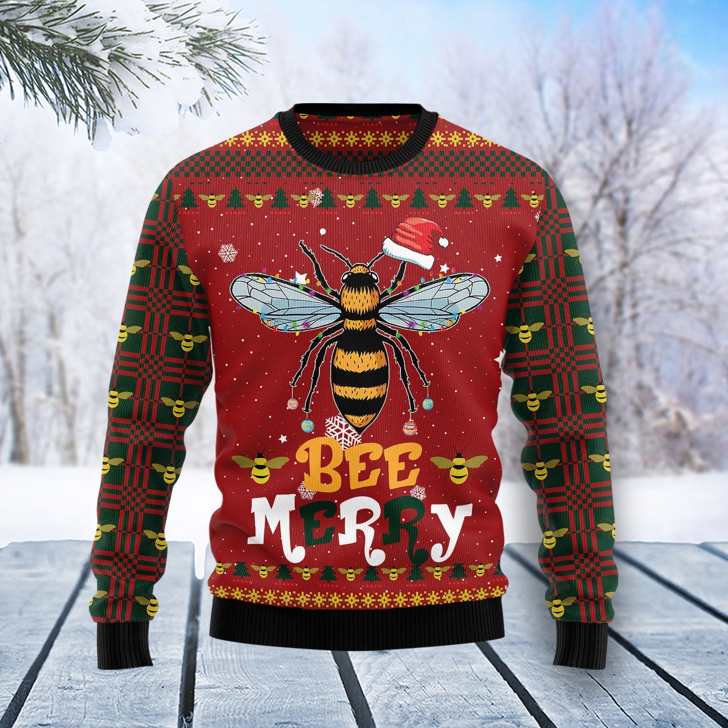 Bee Merry Red Ugly Christmas Sweater, Honey Bee With Santa Hat Christmas Ugly Sweater, Xmas Bee All-over Print Crewneck Ugly Knitted Sweater