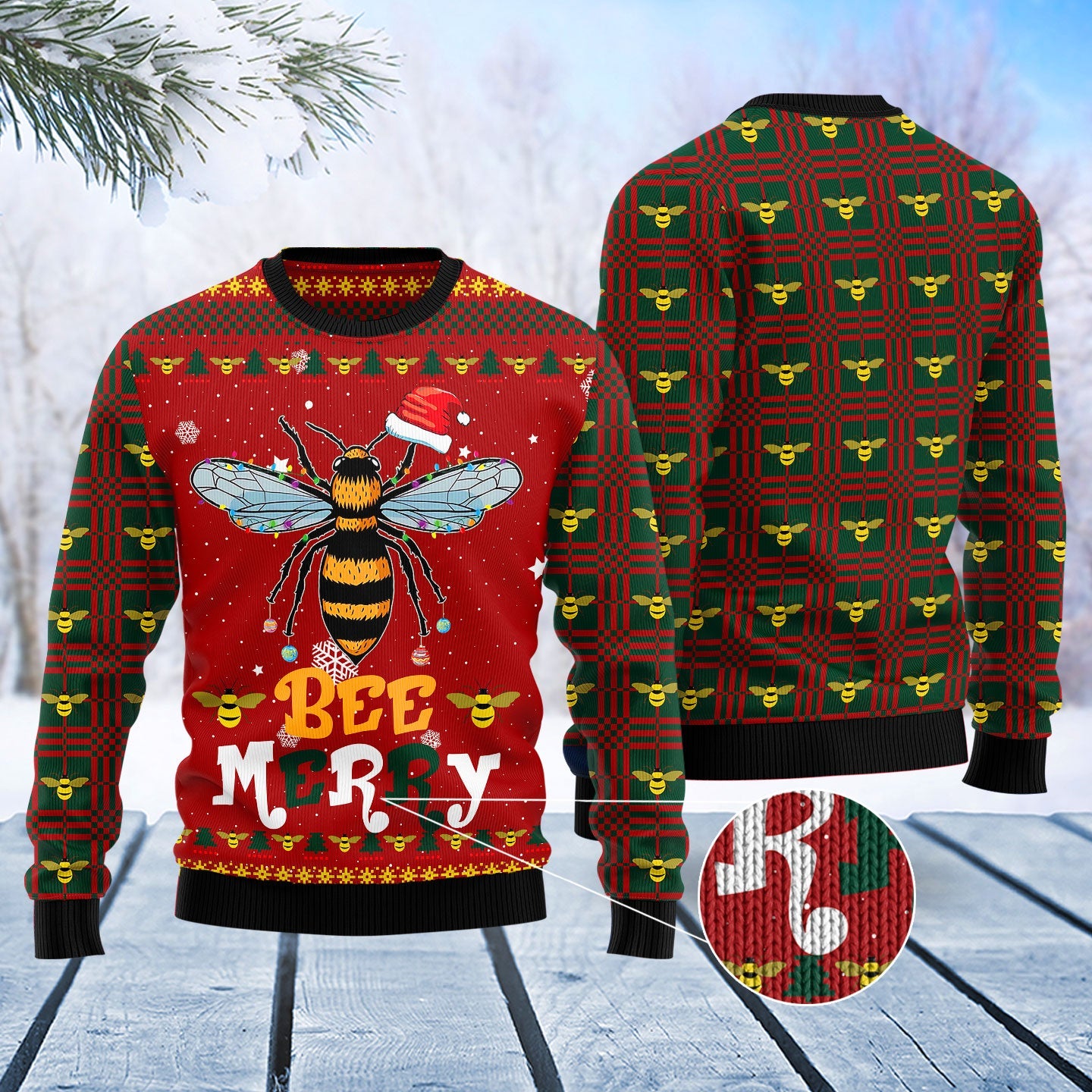 Bee Merry Red Ugly Christmas Sweater, Honey Bee With Santa Hat Christmas Ugly Sweater, Xmas Bee All-over Print Crewneck Ugly Knitted Sweater
