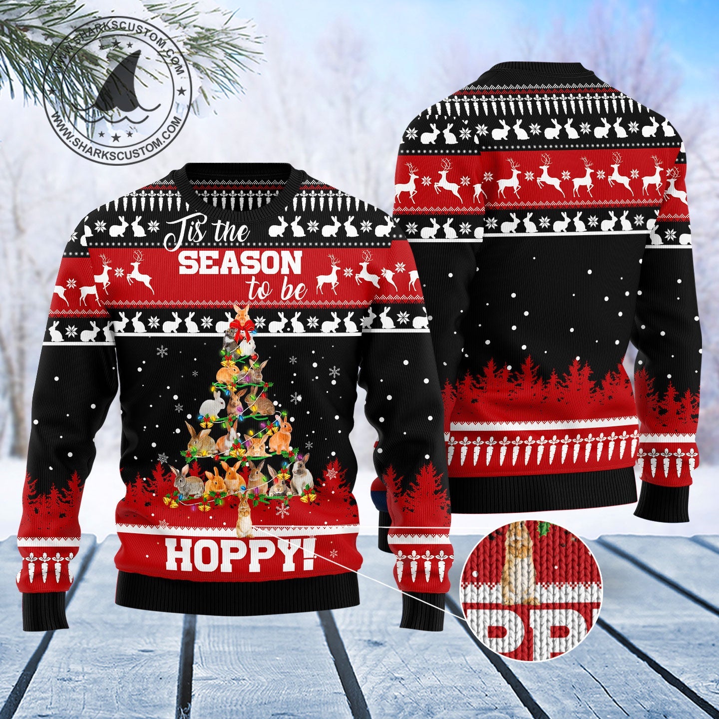 Rabbit Christmas Tree Ugly Christmas Sweater, Tis The Season To Be Hoppy Christmas Ugly Sweater, Christmas Rabbit Crewneck Knitted Ugly Sweater