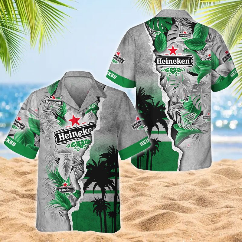 Tropical Palm Heineken Logo 3d Print Hawaiian Shirt, Heineken Tropical Leaf Button Down Hawaiian Shirt, Heineken Beer Aloha Summer Beach Shirts
