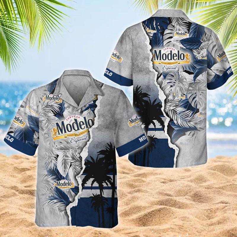 Tropical Palm Modelo Logo 3d Print Hawaiian Shirt, Modelo Beer Tropical Button Down Hawaiian Shirts, Tropical Modelo Brewing Summer Aloha Shirts