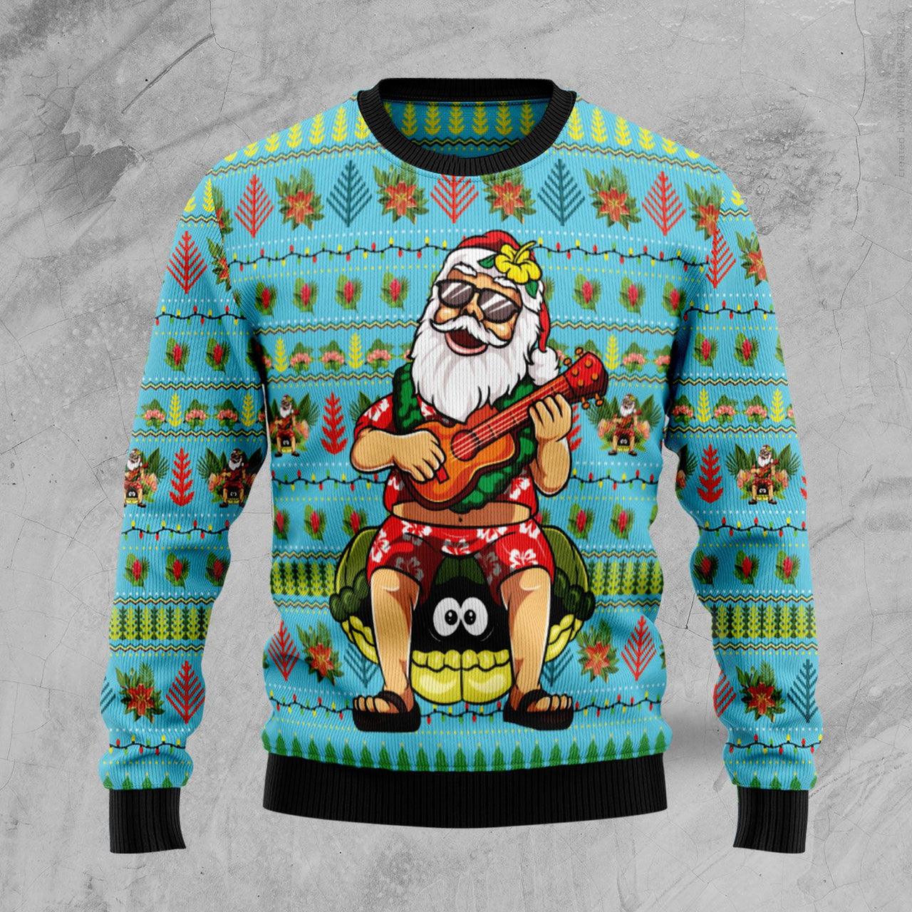 Tropical Aloha Santa Claus Play Guitar Xmas Ugly Sweater, Hawaii Santa Guitar Aloha Pattern Ugly Sweater, Funny Holiday Xmas Knitted Ugly Sweater