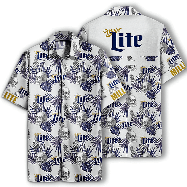 Miller Lite Skull Pineapple Pattern Hawaiian Shirt, Miller Lite Beer Aloha Summer Shirt, Miller Lite Beer Tropical Button Down Hawaiian Shirt