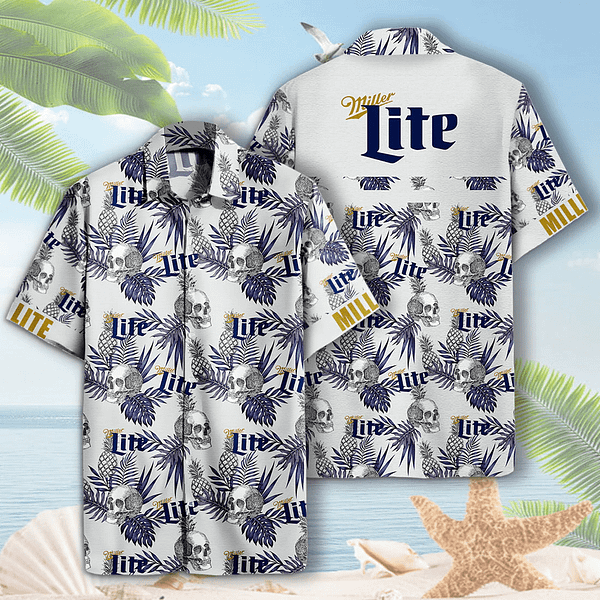 Miller Lite Skull Pineapple Pattern Hawaiian Shirt, Miller Lite Beer Aloha Summer Shirt, Miller Lite Beer Tropical Button Down Hawaiian Shirt