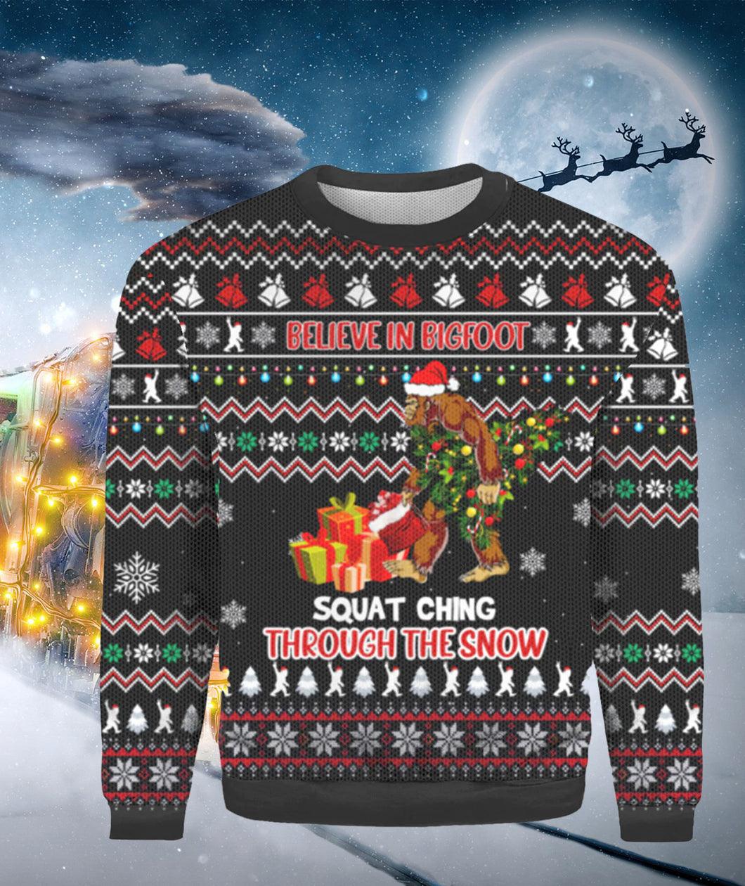 Bigfoot Squatchin' Through The Snow Ugly Christmas Sweater, Santa Bigfoot Believe Christmas Ugly Sweater, Bigfoot Pine Tree Crew Neck Ugly Sweater