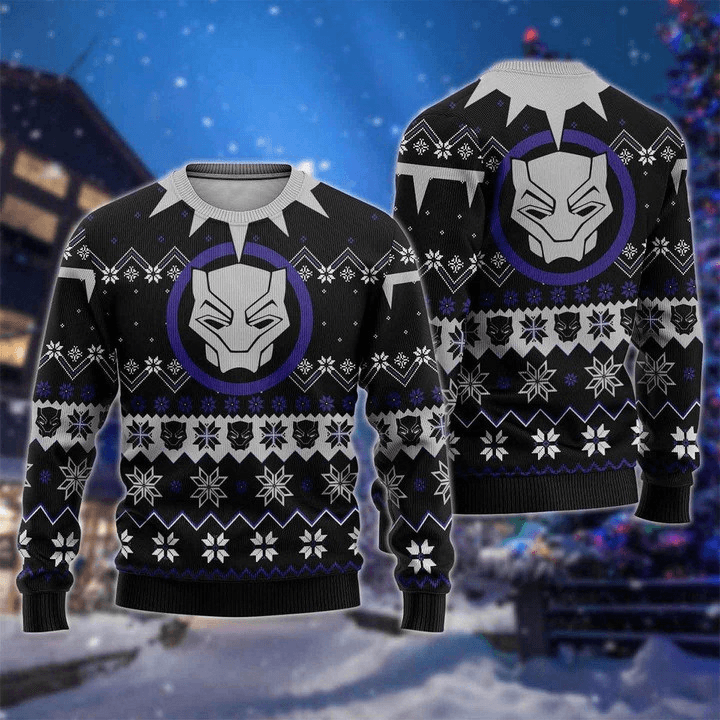 Black Panther All Over Printed Ugly Christmas Sweater, Wakanda Forever Christmas Ugly Sweater, Marvel Black Panther Crewneck Knitted Ugly Sweater