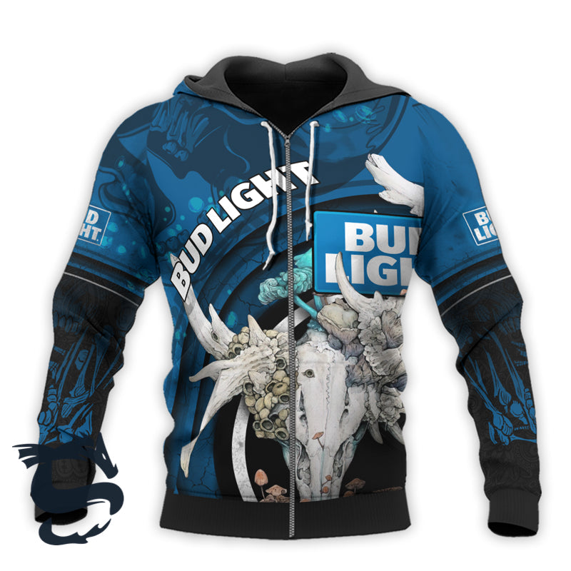Personalized Bud Light Deer Skull With Mushrooms 3D Hoodie, Bud Light Logo Pullover Hooded Sweatshirt, Bud Light Blue Prints 3D Unisex Hoodie