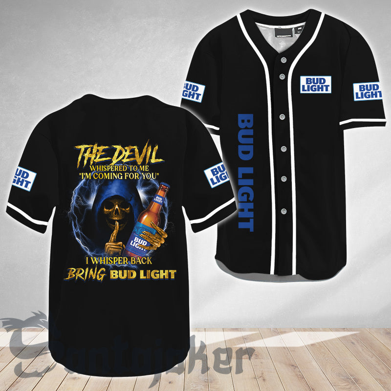 The Devil Bring Bud Light Baseball Jersey Shirt, Bud Light Logo All Over Printed Black Baseball Jersey, Bud Light Beer Unisex Baseball Jersey