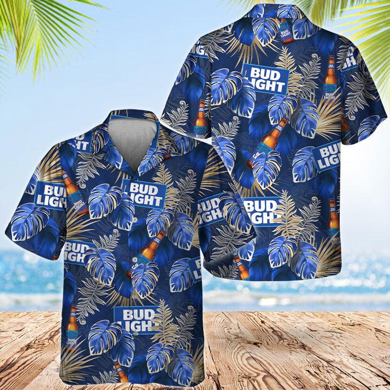 Blue Bud Light Tropical Leaf Hawaiian Shirts, Blue Monstera Bud Light Button Down Hawaiian Shirt, Tropical Bud Light Beer Summer Aloha Shirts