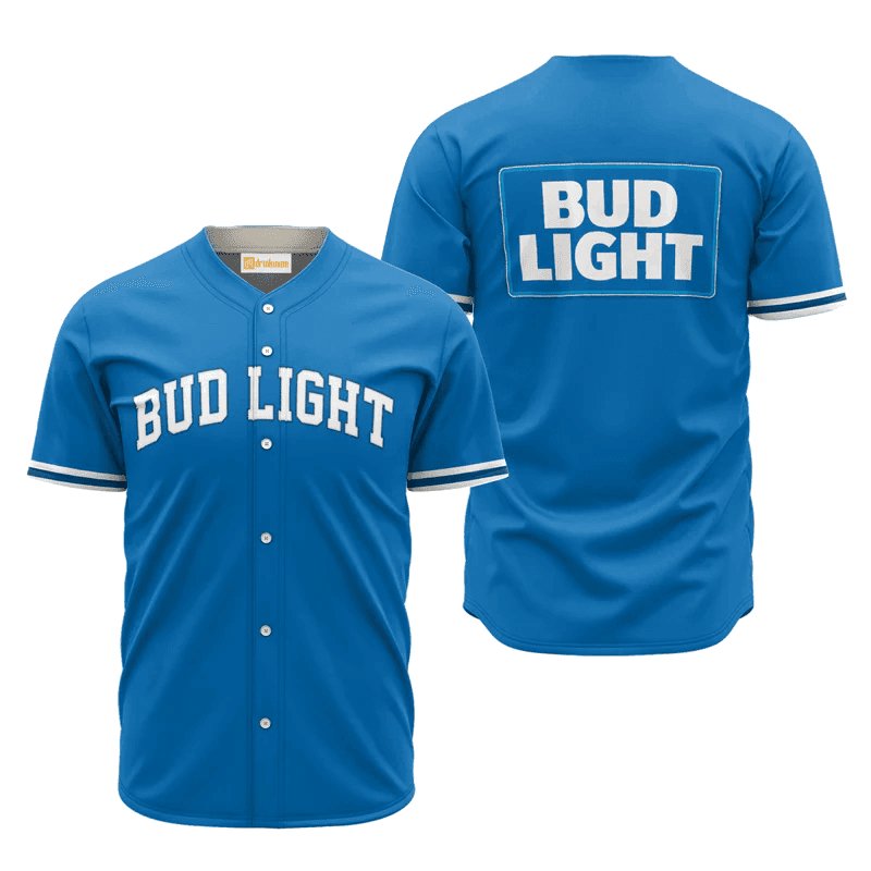 Bud Light Blue Basic Baseball Jersey Shirts, Bud Light Beer Logo Printed Baseball Jersey, Blue Bud Light Baseball Jersey