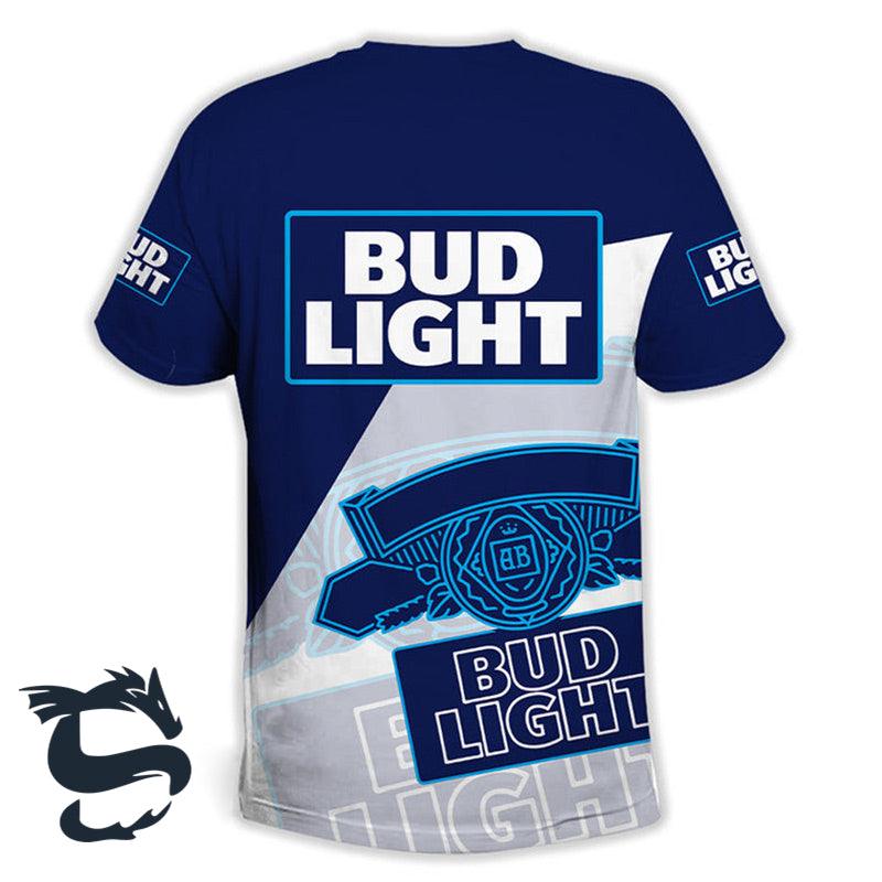 Blue Bud Light 3d All Over Printed T-shirt, Bud Light Beer Logo Printed White Blue T-shirt, Bud Light Beer 3d T-shirt