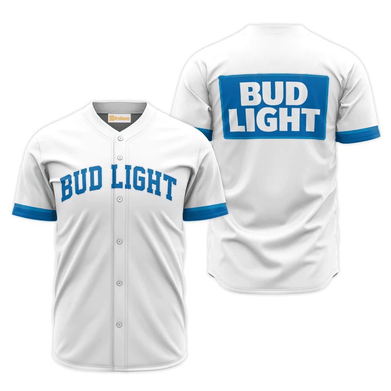 Bud Light White Basic Baseball Jersey Shirts, Bud Light Beer Logo Printed Baseball Jersey, White Bud Light Baseball Jersey