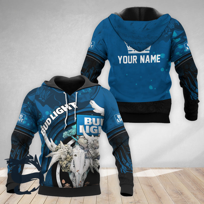 Personalized Bud Light Deer Skull With Mushrooms 3d Hoodie, Bud Light Logo Pullover Hooded Sweatshirt, Bud Light Blue Prints 3d Unisex Hoodie