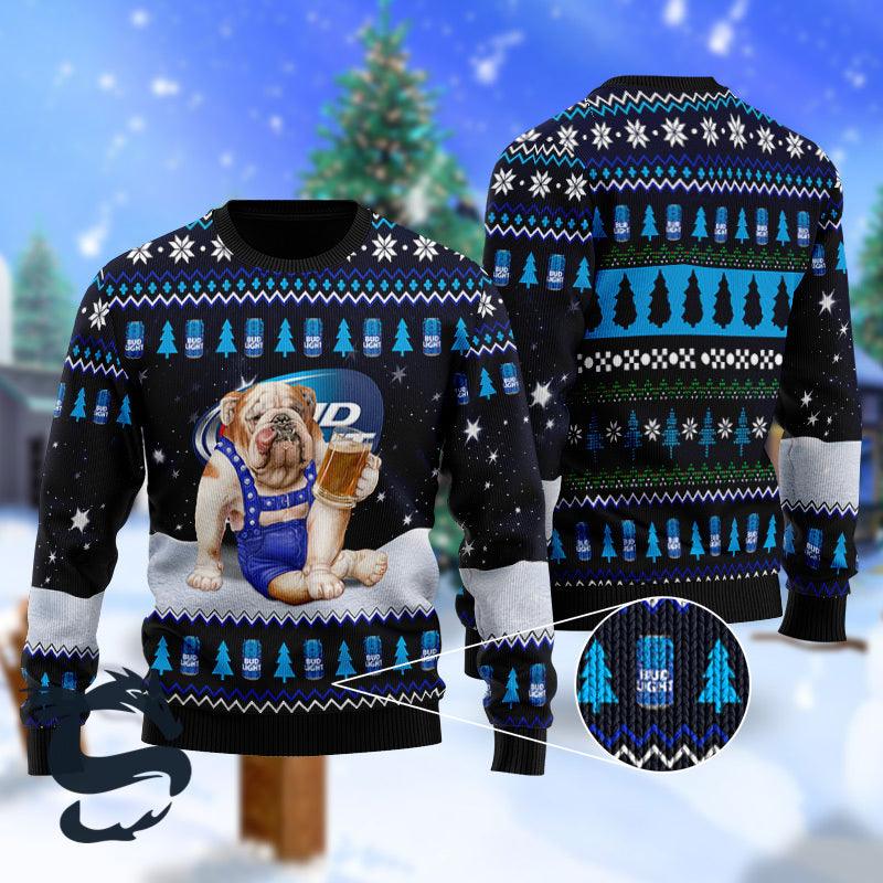 Bulldog Drink Bud Light Beer Ugly Christmas Sweater, Bud Light Beer Christmas Ugly Sweater, Bud Light Beer Lovers Christmas Crew Neck Ugly Sweater