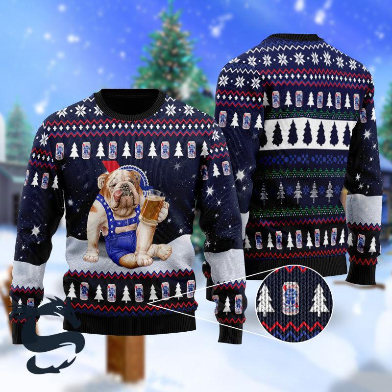 Bulldog Drink Pabst Blue Ribbon Ugly Christmas Sweater, Pabst Blue Ribbon Christmas Ugly Sweater, Pabst Blue Ribbon Beer Xmas Crew Neck Ugly Sweater