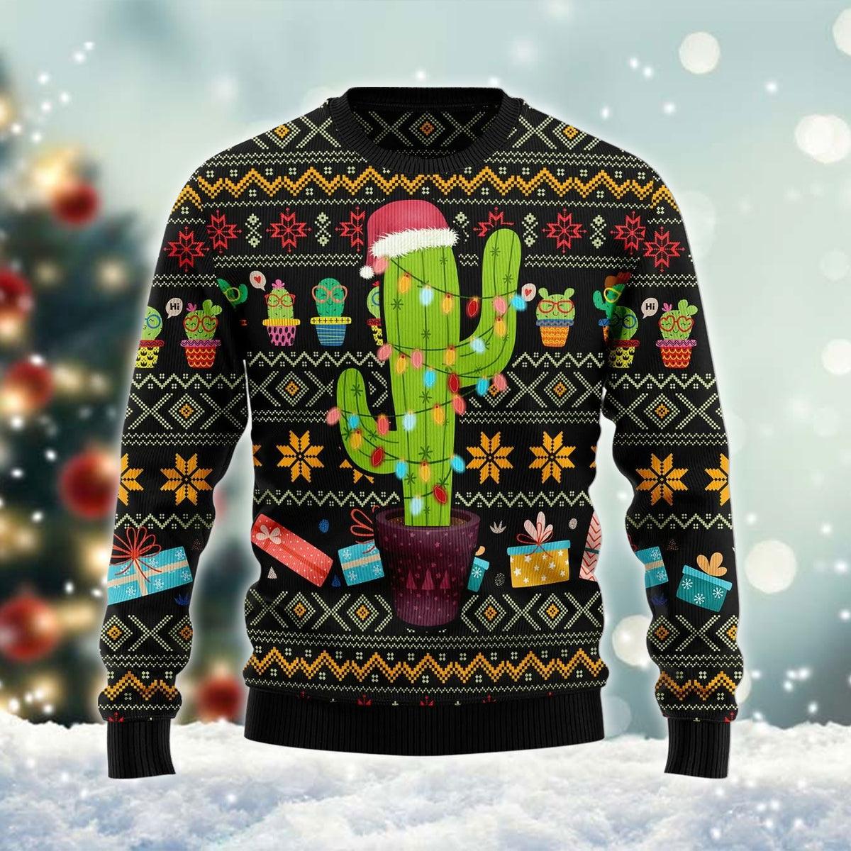 Christmas Cactus Wearing Santa Hat Ugly Christmas Sweater, Light-up Cactus Christmas Ugly Sweater, Cactus Xmas Pattern Crewneck Knitted Ugly Sweater