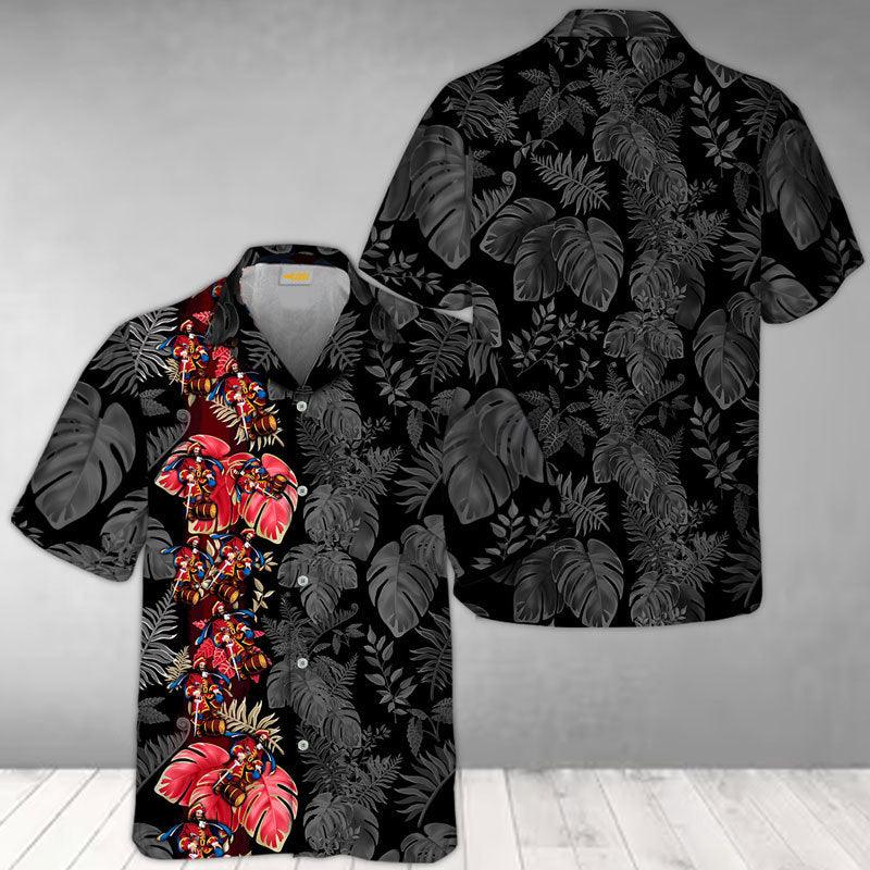 Red Captain Morgan Tropical Leaf Black Hawaiian Shirt, Tropical Captain Morgan Button Short Sleeve Shirt, Captain Morgan Black Hawaiian Shirts
