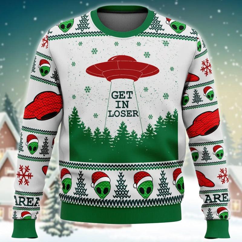 Christmas Santa Alien Get In Loser Ugly Christmas Sweater, Red Ufo Alien Christmas Ugly Sweater, Funny Alien Christmas Crew Neck Ugly Sweater