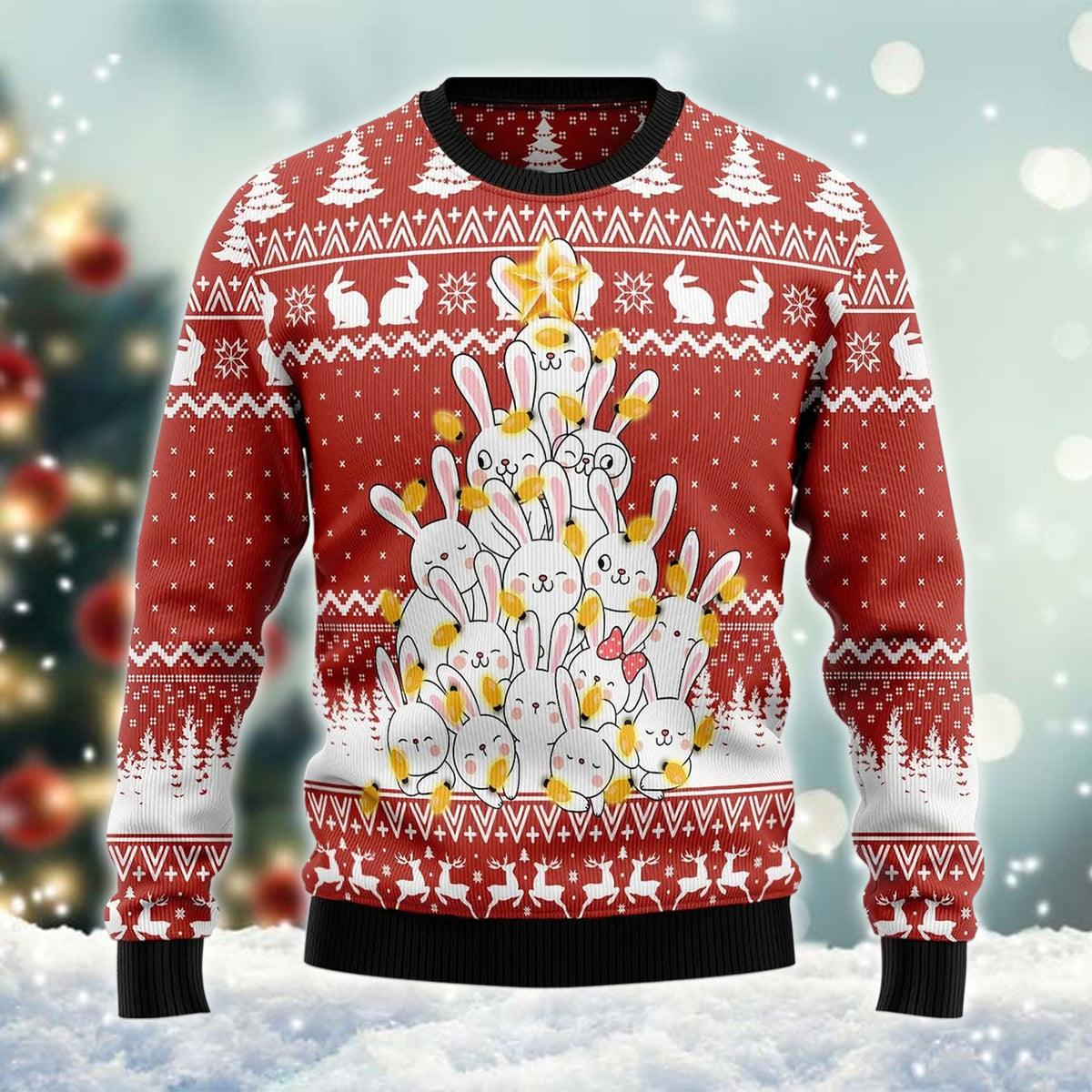 Bunny Christmas Tree All Over Print Red Ugly Sweater, Cute Bunny Pattern Red Ugly Christmas Sweater, Rabbit Xmas Crewneck Knitted Ugly Sweater