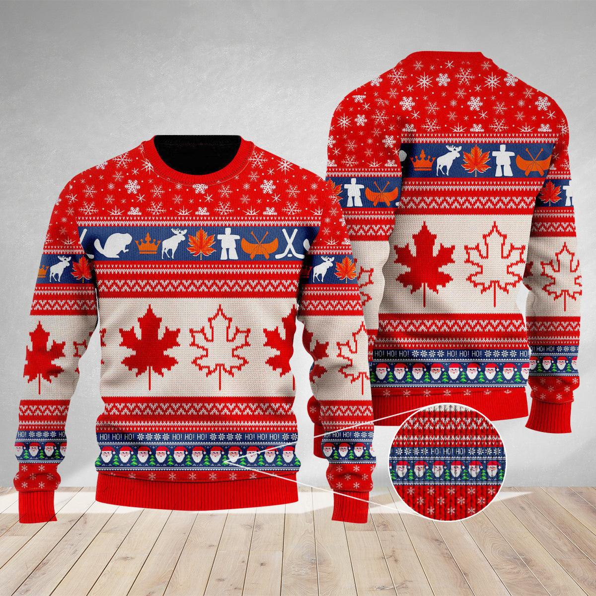Christmas Ho Ho Ho Canada Maple Leaf Red Ugly Sweater, Maple Leaf Canada Proud Christmas Ugly Sweater, Christmas Holiday Crew Neck Ugly Sweater