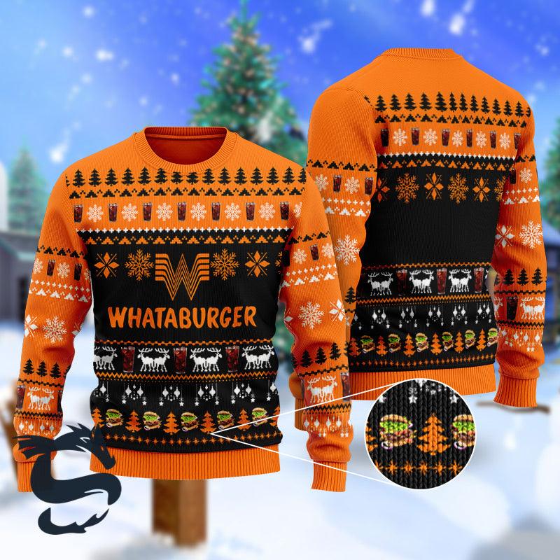 Christmas Scenes With Whataburger Ugly Sweater, Whataburger Fast Food Christmas Ugly Sweater, Whataburger Lovers Christmas Crew Neck Ugly Sweater