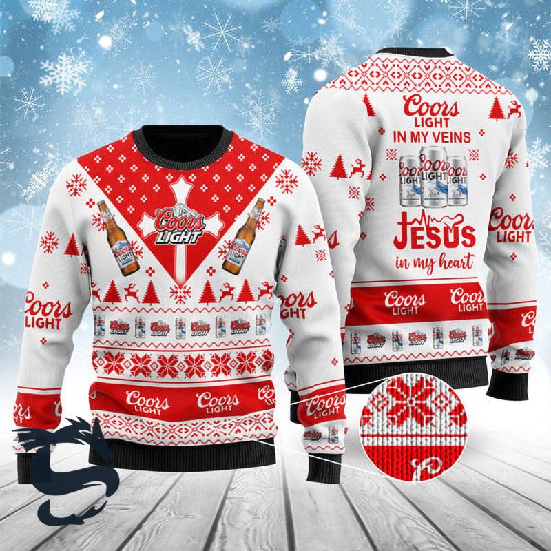 Coors Light In My Veins Jesus In My Heart Ugly Sweater, Coors Light Beer Ugly Christmas Sweater, Coors Light Beer Christmas Crew Neck Ugly Sweater