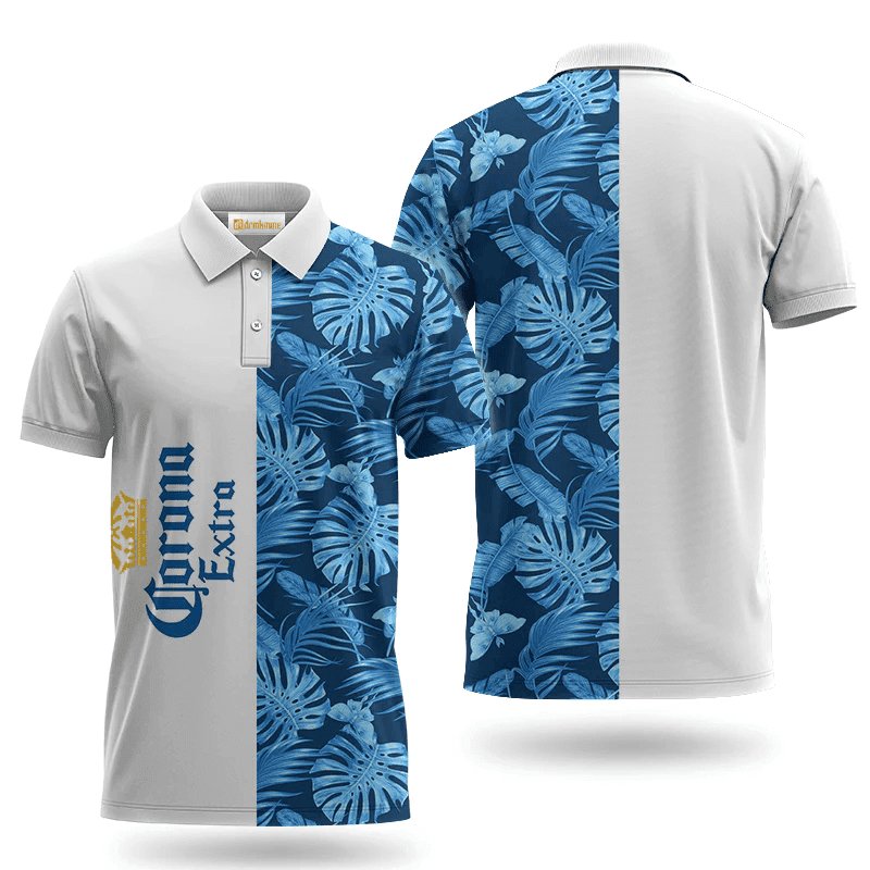 Corona Extra Blue Monstera Leaf Polo Shirt, Corona Extra White Blue All Over Print Polo Shirt, Corona Extra 3d Men's Short Sleeve Polo Shirts