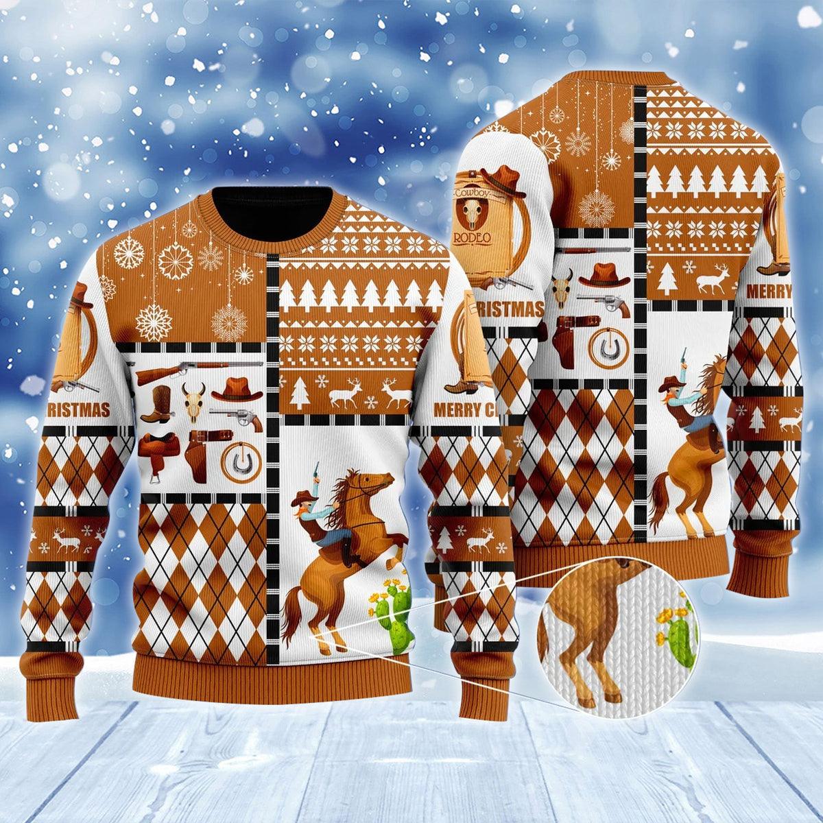 Cowboy Rodeo Merry Christmas Ugly Sweater, Country Western Cowboy Horse Ugly Christmas Sweater, Horse Cowboy Christmas Holiday Crew Neck Ugly Sweater