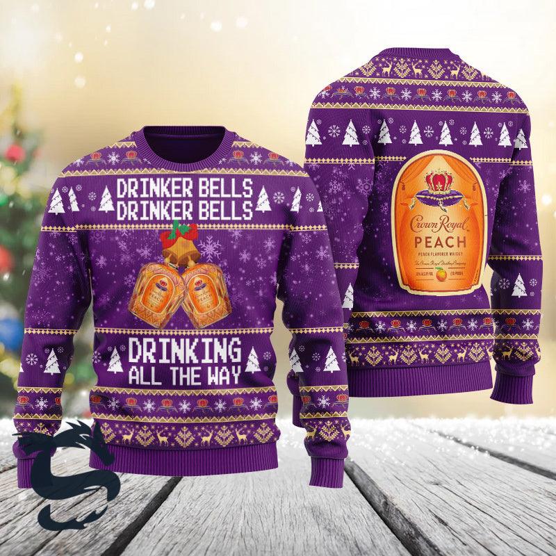 Crown Royal Drinker Bells Drinking All The Way Ugly Sweater, Crown Royal Whisky Christmas Ugly Sweater, Crown Royal Christmas Crew Neck Ugly Sweater
