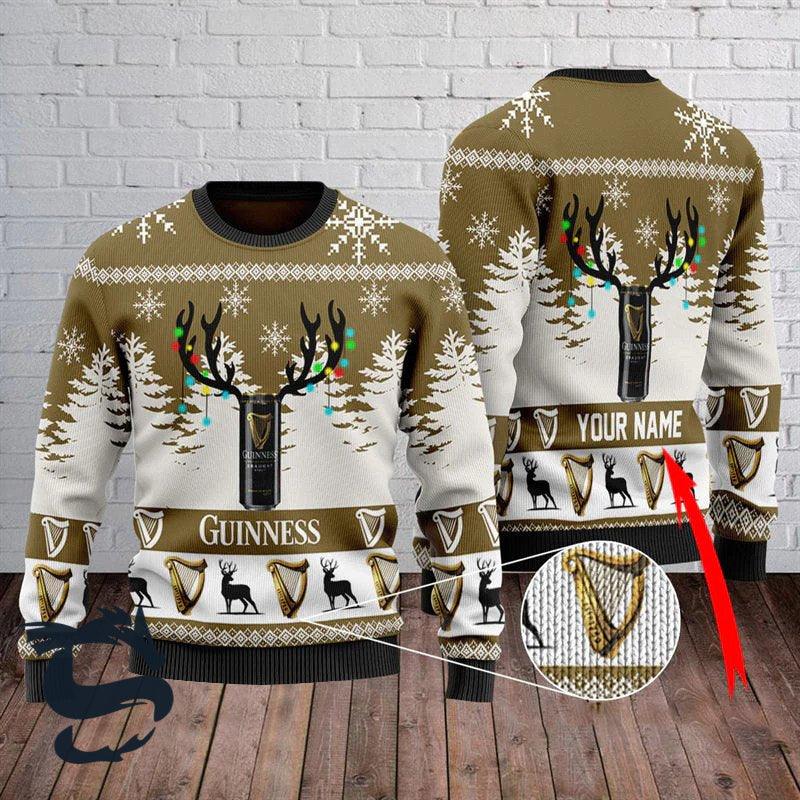 Custom Name Guinness Beer Antler Christmas Lights Ugly Sweater, Guinness Beer All-over Print Ugly Sweater, Guinness Crewneck Knitted Ugly Sweater