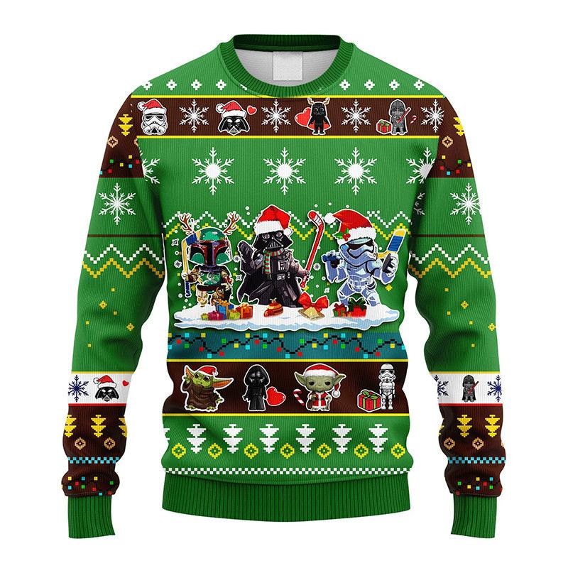 Cute Chibi Star Wars Characters Green Ugly Xmas Sweater, Darth Vader Boba Fett Stormtrooper Ugly Sweater, Star Wars Crewneck Knitted Ugly Sweater
