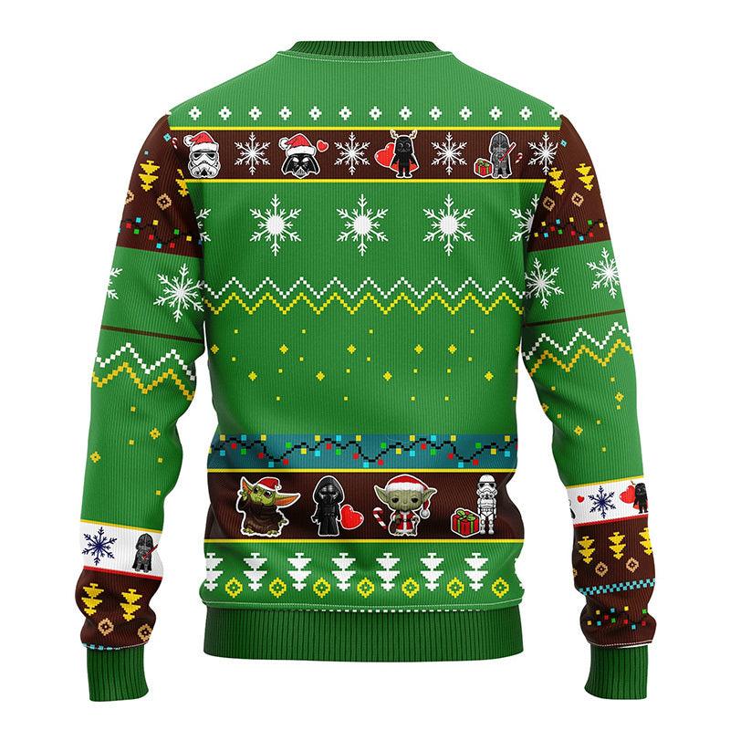 Cute Chibi Star Wars Characters Green Ugly Xmas Sweater, Darth Vader Boba Fett Stormtrooper Ugly Sweater, Star Wars Crewneck Knitted Ugly Sweater