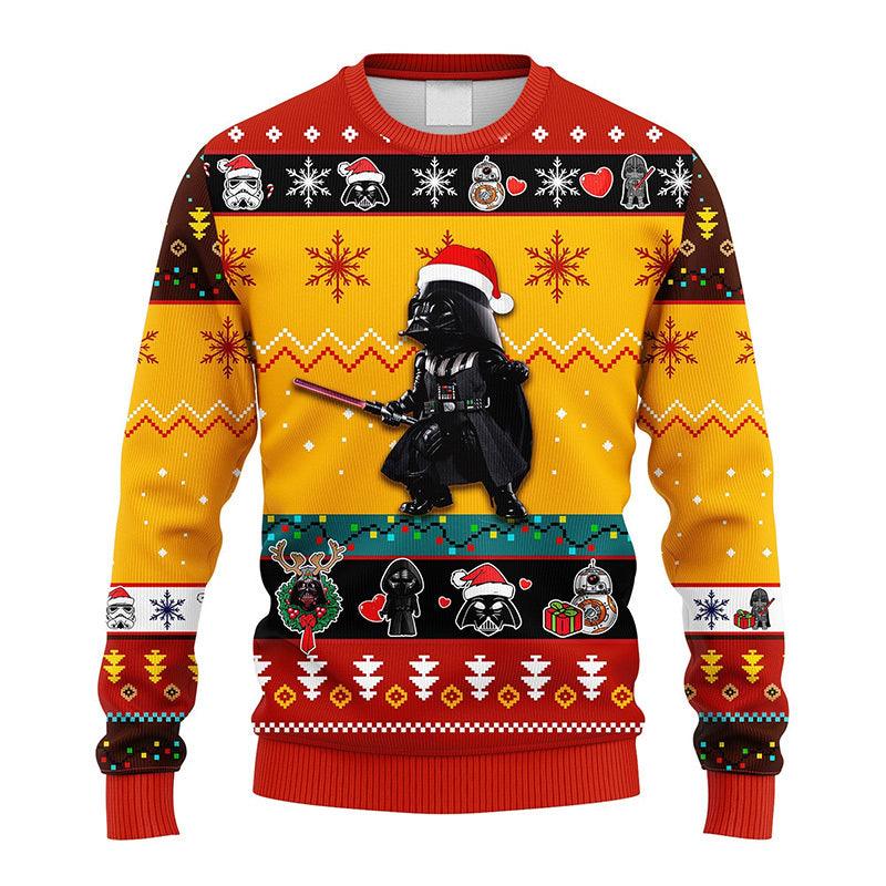 Funny Santa Darth Vader Christmas Lights Ugly Sweater, Cute Chibi Star Wars Characters Ugly Xmas Sweater, Star Wars Crewneck Knitted Ugly Sweater