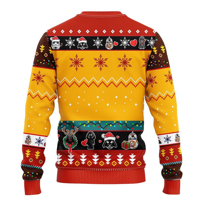 Funny Santa Darth Vader Christmas Lights Ugly Sweater, Cute Chibi Star Wars Characters Ugly Xmas Sweater, Star Wars Crewneck Knitted Ugly Sweater